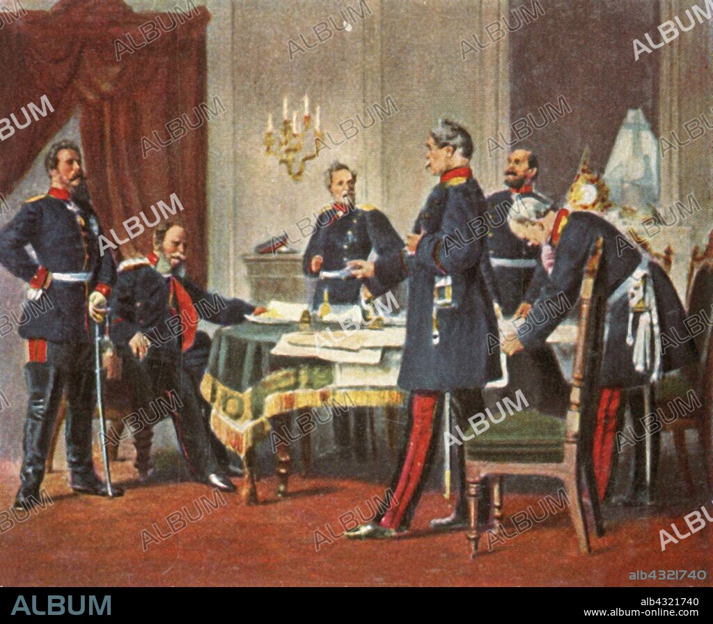 Council of war at Versailles, 1870, (1936). 'Kriegsrat in Versailles, 1870'. Prussian politicians and army officers Otto von Bismarck, Albrecht, Graf von Roon, and Helmuth von Moltke hold a meeting at Versailles during the Siege of Paris. The capture of the city by Prussian forces led to French defeat in the Franco-Prussian War. From "Bilder Deutscher Geschichte", (Pictures of German History), No.12, cigarette card album. [Cigaretten-Bilderdienst, Altona-Bahrenfeld, Hamburg, Germany, 1936].