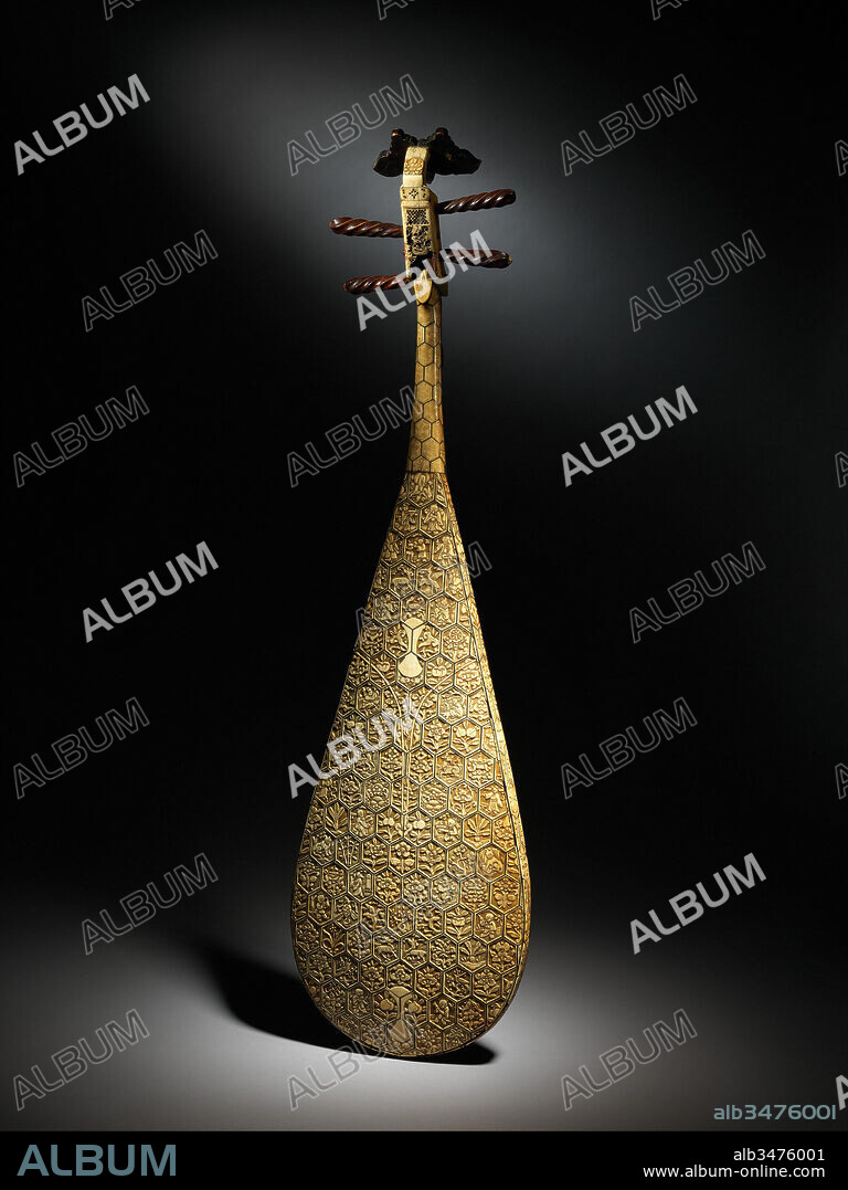 Pipa, Ming dynasty (1368-1644), late 16th–early 17th century, China, Chinese, Wood, ivory, bone, silk, L. 37 × W. 9 15/16 × D. 1 1/8 in. (94 × 25.3 × 2.9 cm), Chordophone-Lute-plucked-fretted, The pear-shaped lute slowly migrated from Central Asia into China during the Han and Sui dynasties (1st-7th century). It eventually became the pipa; the term describes the original playing motion of the plectrum held in the performer's right hand: p'i, 'to play forward' (toward the left), and p'a, 'to play backward' (toward the right).