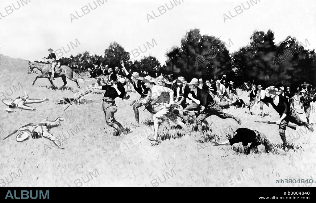 Entitled: "Charge of the Rough Riders at San Juan Hill." Reproduction of painting by Frederic Remington showing Theodore Roosevelt, on horseback, with his men running close behind him; some men are being shot while others lay dead in the grass. The Battle of San Juan Hill (July 1, 1898) was a decisive battle of the Spanish-American War. The San Juan heights was a north-south running elevation about two kilometers east of Santiago de Cuba, Cuba. The names San Juan Hill and Kettle Hill were given to the location by the Americans. This fight for the heights was the bloodiest and most famous battle of the war. It was also the location of the greatest victory for the Rough Riders, as claimed by the press and its new commander, the future vice-president and later president, Theodore Roosevelt. The American press at the time overlooked the fact that the Buffalo Soldiers of the 10th Cavalry and 24th Infantry Regiments had actually done much of the heaviest fighting. The Spanish-American War was a conflict in 1898 between Spain and the United States, the result of US intervention in the Cuban War of Independence.