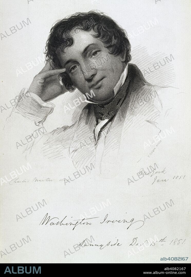 CHARLES MARTIN and F HALPIN. Washington Irving. ( 1783 - 1859 ). US writer. Portrait. The Life of George Washington. New York, 1856 - 1859. Author of 'the legend of sleepy hollow', a folk tale and ghost story. Source: 010883.i.2 volume 1, opposite 1.