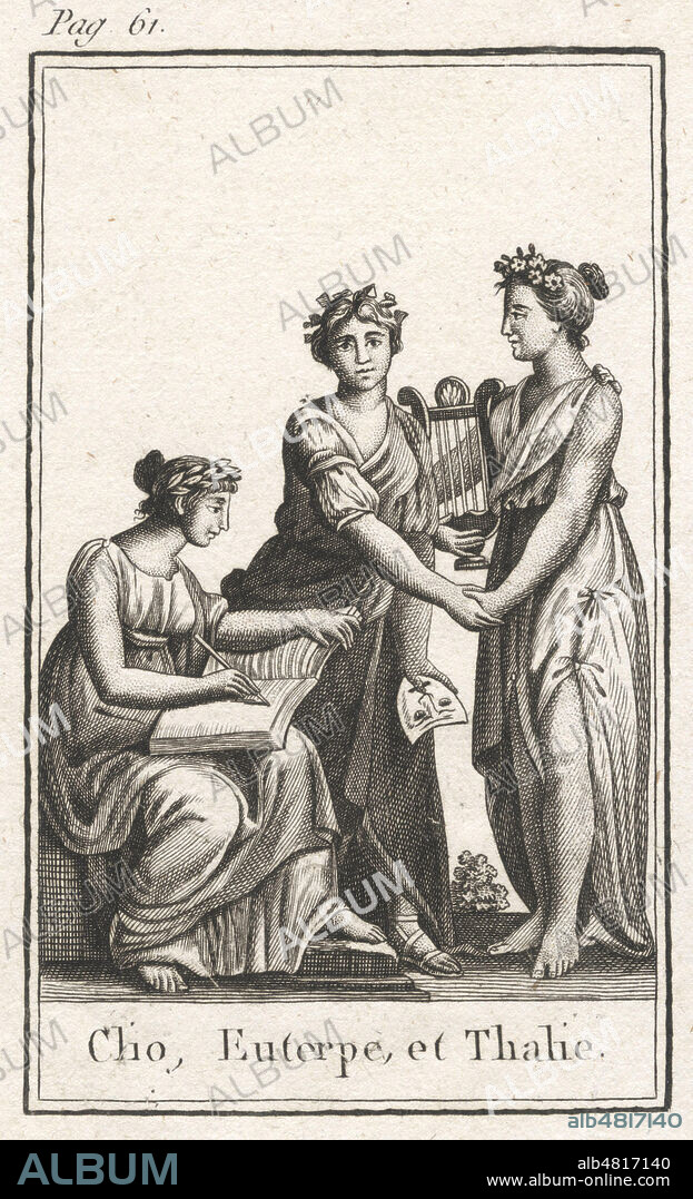 Les muses Clio (Histoire), Euterpe (Musique) et Thalie (Comedie). Illustration anonyme de 1807 pour Mythologie elementaire a l'usage des ecoles et pensions. Credit : Collection Kharbine-Tapabor.