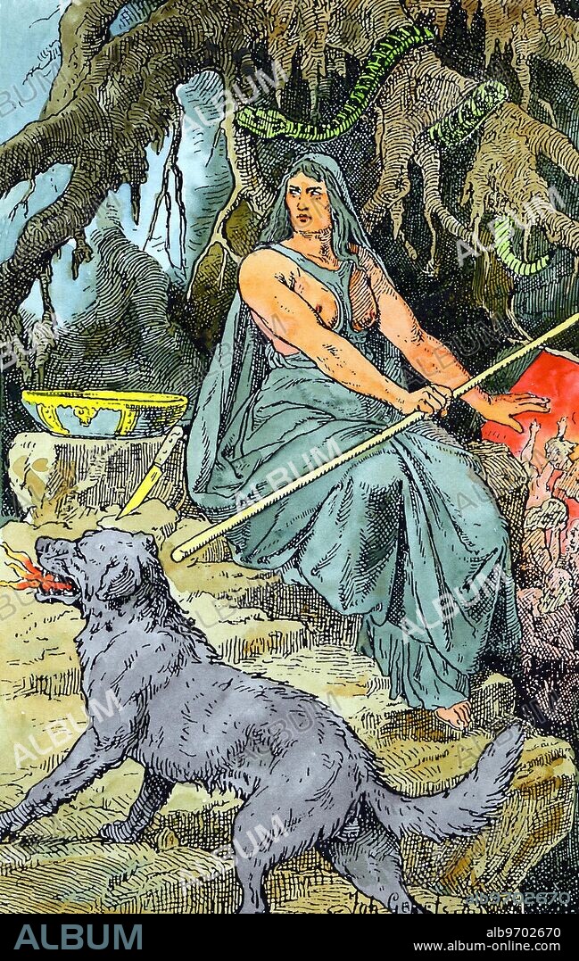 TEUTONIC MYTH - HEL. Hel, or Hela, the goddess of the dead in Teutonic mythology. She is here portrayed seated outside Helheim, in the traditional guise of a Sibyl. Perhaps her hellish wolf-dog is barking at Odin, as he approaches Hel to consult about the death of Balder? Nineteenth century hand-coloured wood-engraving, after the painting by Johannes Gehrts.