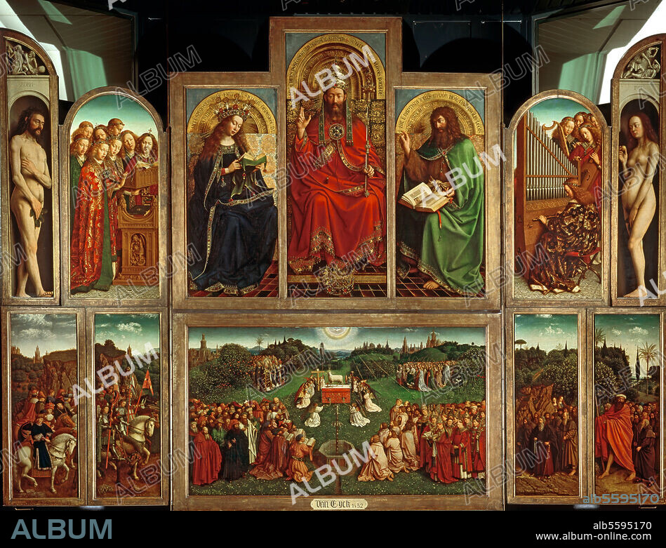 HUBERT VAN EYCK and JAN VAN EYCK. Eyck, Jan van, c. 1390-1441 (in collaboration with Hubert van Eyck). "Adam / Singing Angels / Mary / God the Father / John the Baptist / Angelic Concert / Eve / Processions / Worship of the Lamb / The Hermits and the Pilgrims. Ghent Altarpiece, open, completed 1432. On wood, total size. 350 × 461cm. Ghent, S.Bavo.