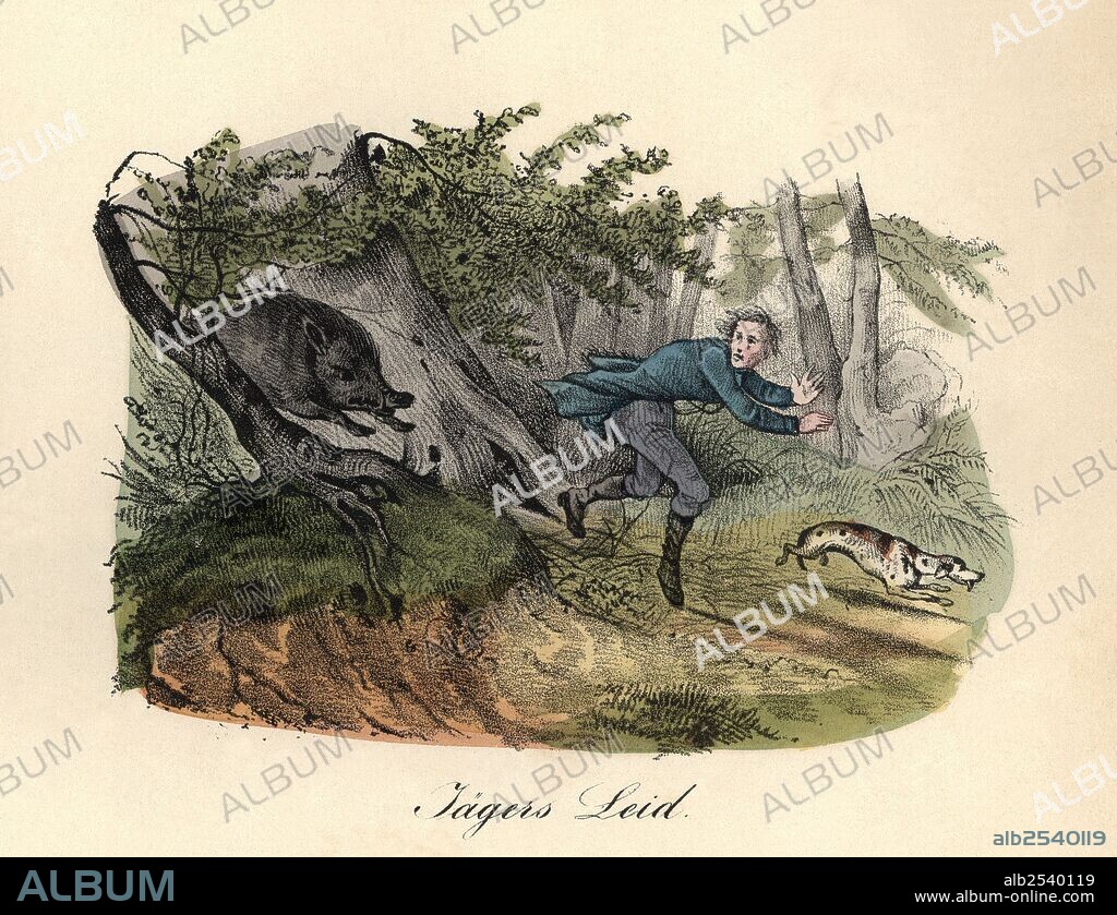 Un hombre y su perro huyendo ante la presencia de un jabalí salvaje. Grabado alemán. Años 1850.