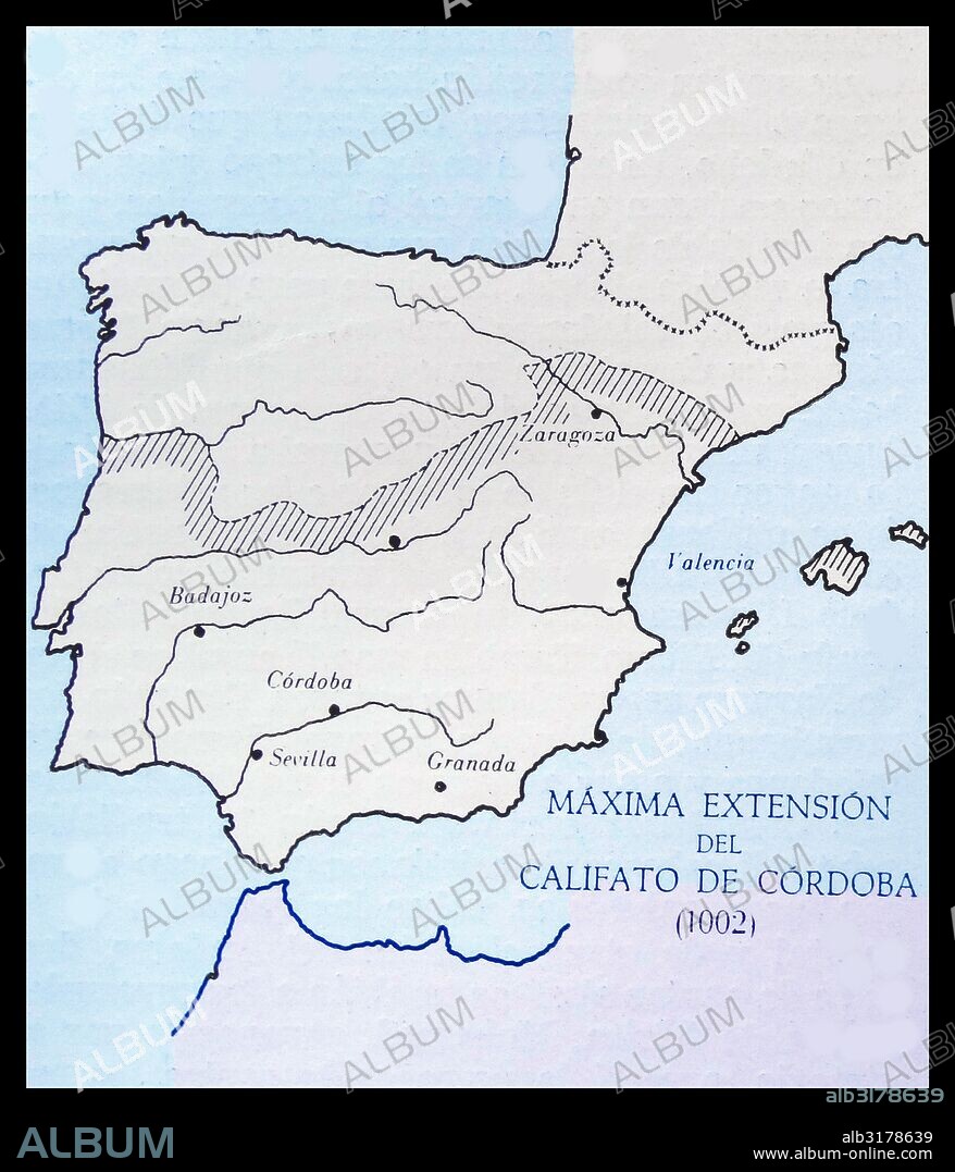 Spanish map showing the Islamic Caliphate of Cordoba which ruled two thirds of Spain and Portugal; 1002 AD.