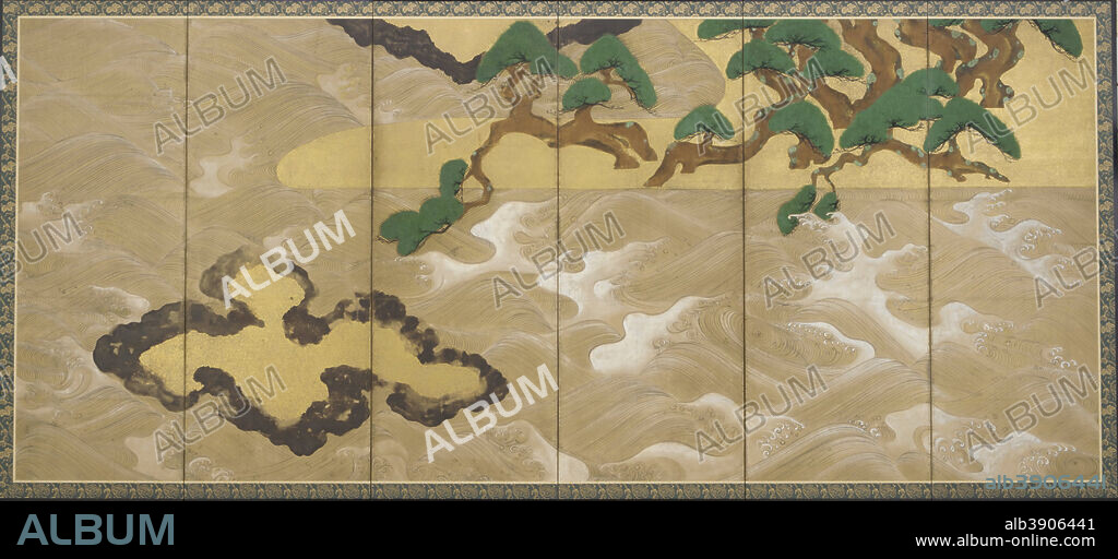 TAWARAYA SOTATSU. Waves at Matsushima. Date/Period: 17th century. Painting. Ink, color, gold and silver on paper. Height: 167 cm (65.7 in); Width: 369.9 cm (12.1 ft).