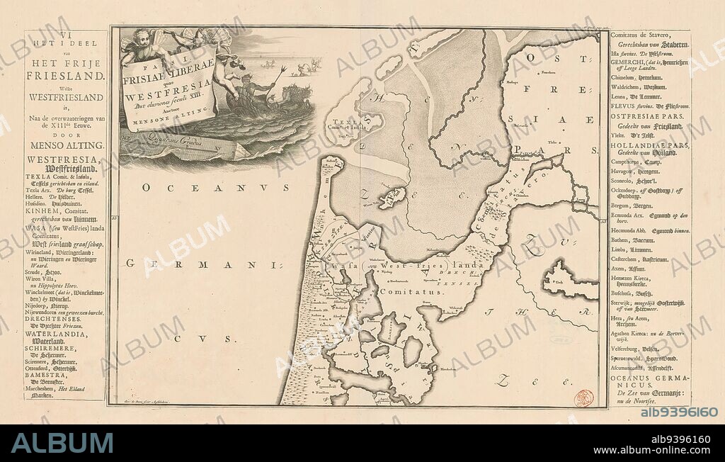 Historical map of the Netherlands with the territories of the Batavians and Frisians, Pars I Frisiae Liberae quae Westfresia (...) / The I part of the Free Friesland. Which Westfriesland is (...) (title on object), Map of Frisian areas in West Friesland in Roman times. Top left cartouche with title, above two putti. To the right of cartouche in background Neptune and several tritons. Scale stick below cartouche: Quadrans gradus. Degrees along left and right edges. Left and right of print strips of letterpress text with Dutch translation of title (upper left) and terms used on map., print maker: Gerrit de Broen (I), (mentioned on object), print maker: Joseph Mulder, (mentioned on object), after own design by: Joseph Mulder, (mentioned on object), print maker: Amsterdam, print maker: Netherlands, 1697 - 1700 and/or 1718 and/or 1725, paper, engraving, etching, letterpress printing, height 321 mm × width 422 mm, height 321 mm × width 556 mm.