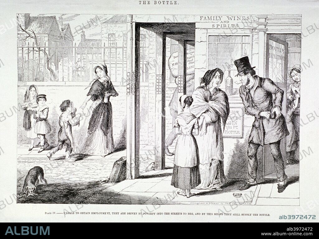 'The Bottle', 1847; showing the mother and children begging on the street because of their impoverished state due to the money they have squandered on alcohol. With the money they receive from begging they manage to buy yet another bottle of alcohol.