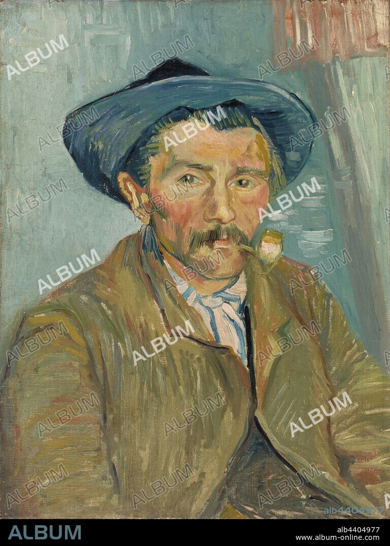 Vincent van Gogh: The Smoker (Le Fumeur), Vincent van Gogh, 1888, Oil on canvas, During his stay in Arles, a small town in the rural south of France, Van Gogh concentrated on painting the town's inhabitants--including the local mailman (Room 2) and the farm workers whose simple lifestyle he admired and idealized. Here, Van Gogh depicts a peasant smoking a pipe. The figure wears a humble coat comprised of loose, muddy strokes; ruddy cheeks suggest his work outdoors. Above his shoulder, a few horizontal dashes indicate puffs of smoke; thick, unblended marks describe an ear. Despite these moments of near abstraction, Van Gogh maintains an astounding attention to naturalistic detail, paying attention to the way a person really looks and behaves. Note how the man's mouth is slightly clenched to hold the pipe; and how his moustache is uneven rather than perfectly trimmed., Overall: 24 3/4 x 18 3/4 in. (62.9 x 47.6 cm).