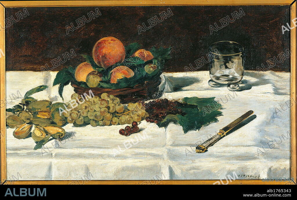 Still Life Fruit on a Table, by Edouard Manet, 1864, 19th Century, oil on canvas, cm 45 x 73,5. France, Ile de France, Paris, Muse dOrsay, RF1670. All. Still life fruit table grapes green knife glass tablecloth white peach plum pear.