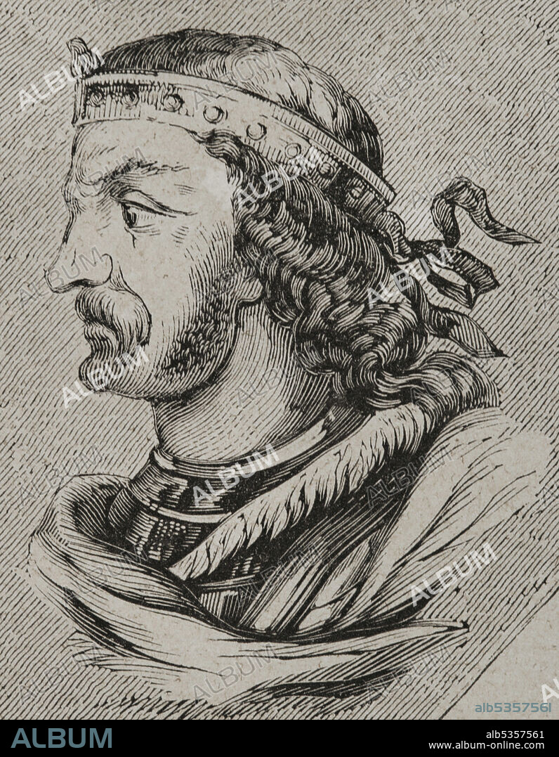 Erwig (d. 687). King of the Visigoths in Hispania from 680 to 687. Portrait. Engraving. Las Glorias Nacionales. Volume II, Madrid-Barcelona, 1853.
