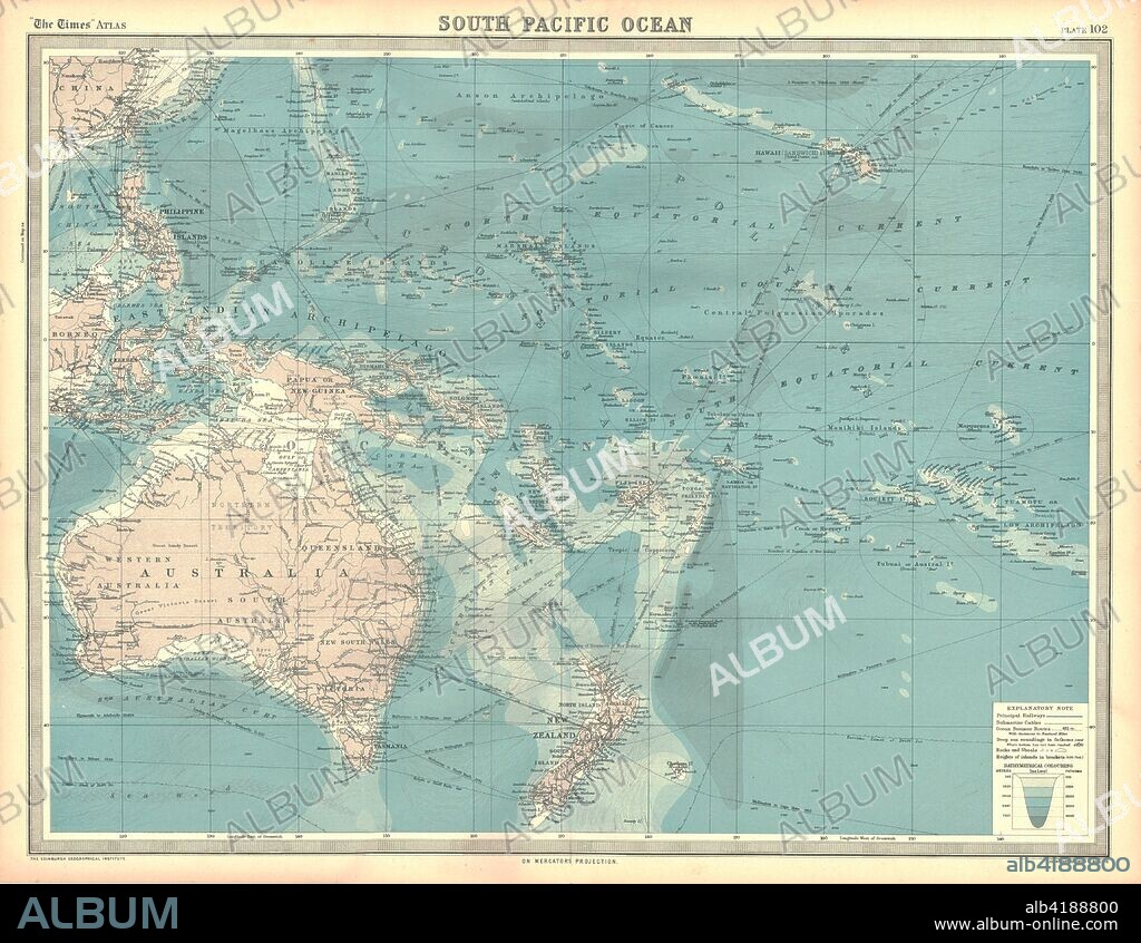 Map of the South Pacific Ocean. Map showing the Philippines, Indonesia, Papua New Guinea, Australia and New Zealand, and Pacific islands. Plate 102 from The Times Atlas.