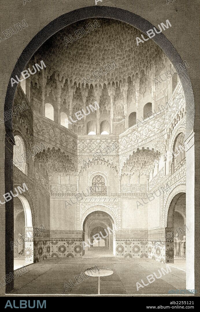 GRANADA. LA ALHAMBRA. SALA DE DOS HERMANAS. DIBUJO DE J. G MURPHY. GRABADO DEL SIGLO XX.