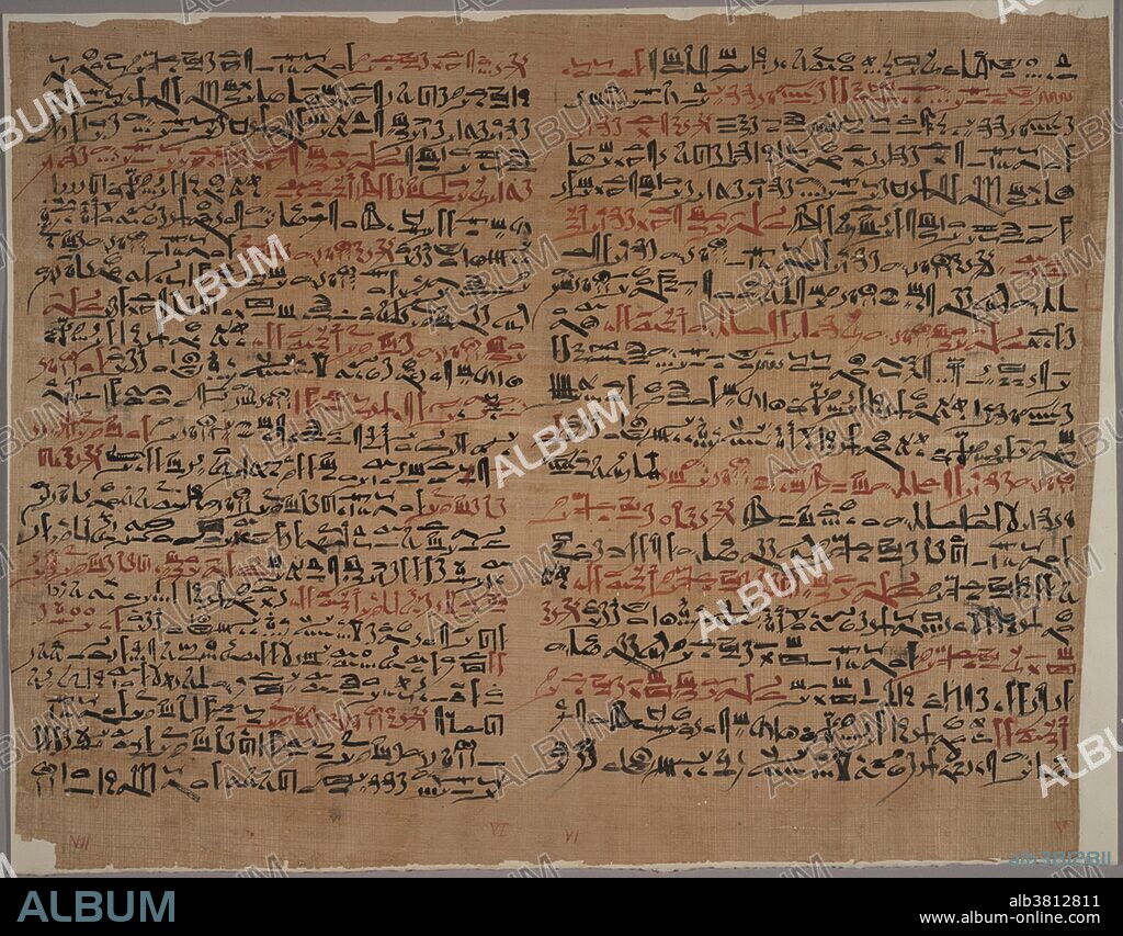 Recto columns 6 and 7. The Edwin Smith Papyrus, the world's oldest surviving surgical text, was written in Egyptian hieratic script around circa 1500 BC, but probably based on material from a thousand years earlier. The papyrus is a textbook on trauma surgery, and describes anatomical observations and the examination, diagnosis, treatment, and prognosis of numerous injuries in exquisite detail. American archeologist Edwin Smith discovered the papyrus in Egypt in the 1860s, and his daughter donated the papyrus to the New York Historical Society after his death. It eventually made its way to the Library of the New York Academy of Medicine. From 2005 through 2006, it was on exhibition at the Metropolitan Museum of Art in New York. James P. Allen, curator of Egyptian Art at the museum, published a new translation of the work, coincident with the exhibition. This was the first complete English translation since Breasted's in 1930. This translation offers a more modern understanding of hieratic and medicine. The recto and verso are respectively the front and back sides of a leaf of paper in a bound item, and find their origins in the use of papyrus. Papyrus, the earliest form of paper, was used to make books in Egypt, Greece and Rome. The text is attributed by some to Imhotep, an architect, high priest, and physician of the Old Kingdom, 3000-2500 BC.