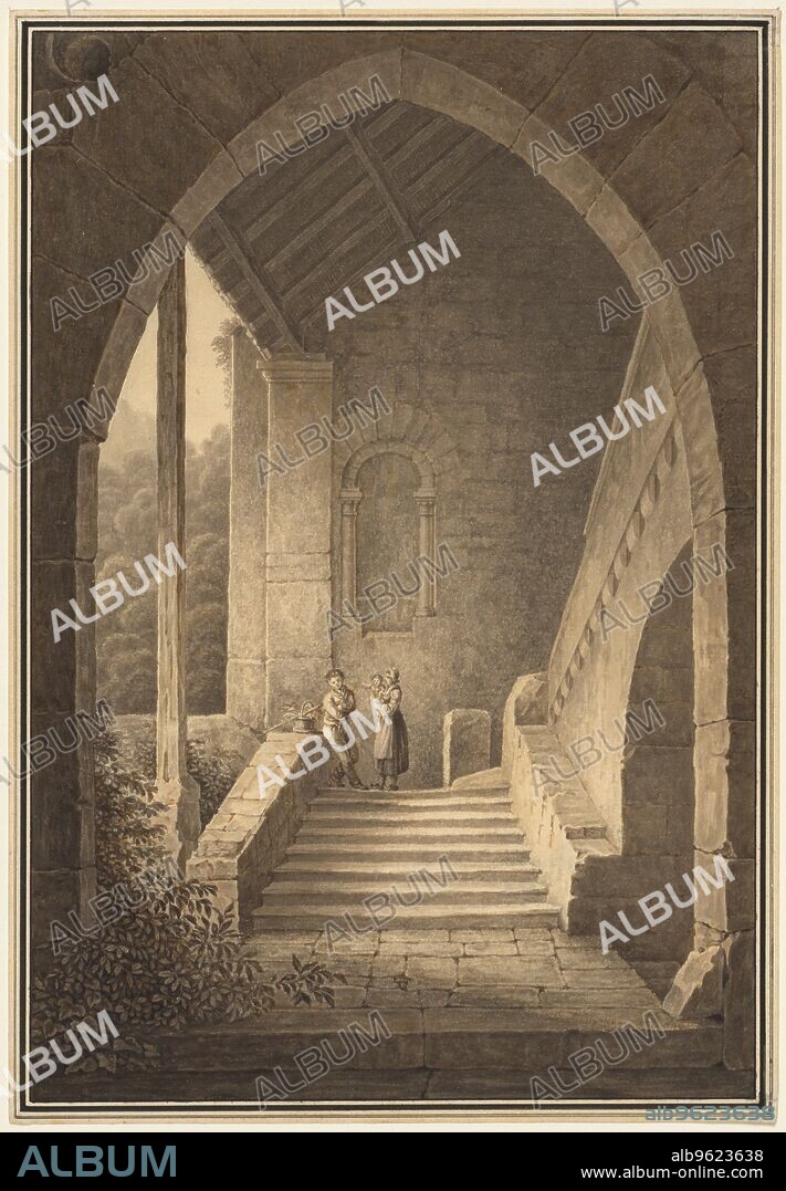 Outer Staircase of a Gothic Ruin (Treppenaufgang einer gotischen Ruine), 1830. Quaglio was recognized as the finest German topographical painter of his generation, and he showed a special affinity for dramatic buildings of the Gothic period. In this watercolour, a young family pauses in the archway of what appears to be a ruined Gothic church. Ivy encroaches upon the stairs, and a dense forest may be seen in the distance. Views of ruined churches juxtaposed by untamed nature frequently appeared in the landscapes of German Romantic artists who believed that nature signified the presence of God. Here, Quaglio contrasts the immensity of the Gothic ruin with the delicacy of the tiny infant. A major component of German Romanticism was the renewal of Gothic architecture as a symbol of Germany’s glorious past. The association of Gothic architecture with Germany was in fact based on the false assumption that a Germanic tribe, the Goths, had originated the style. Nevertheless, medieval ruins and Gothic buildings infiltrated landscapes of the period as symbols of that which was essentially German.