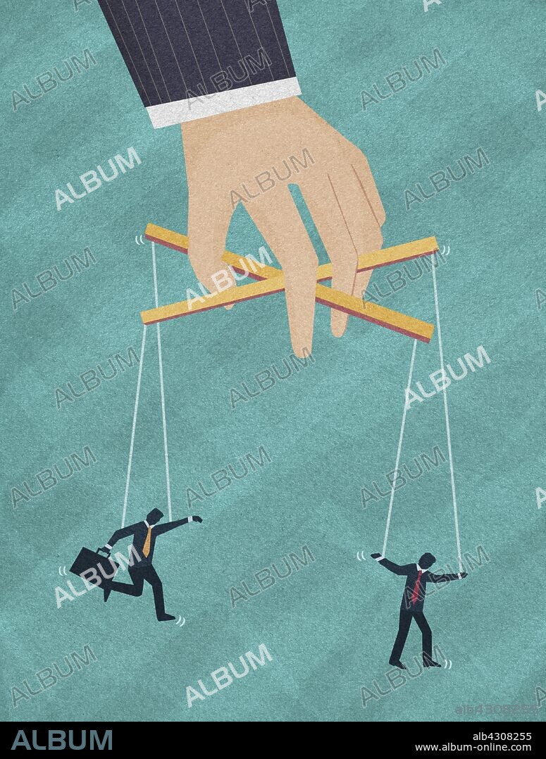 Puppeteer controlling two puppet businessmen.