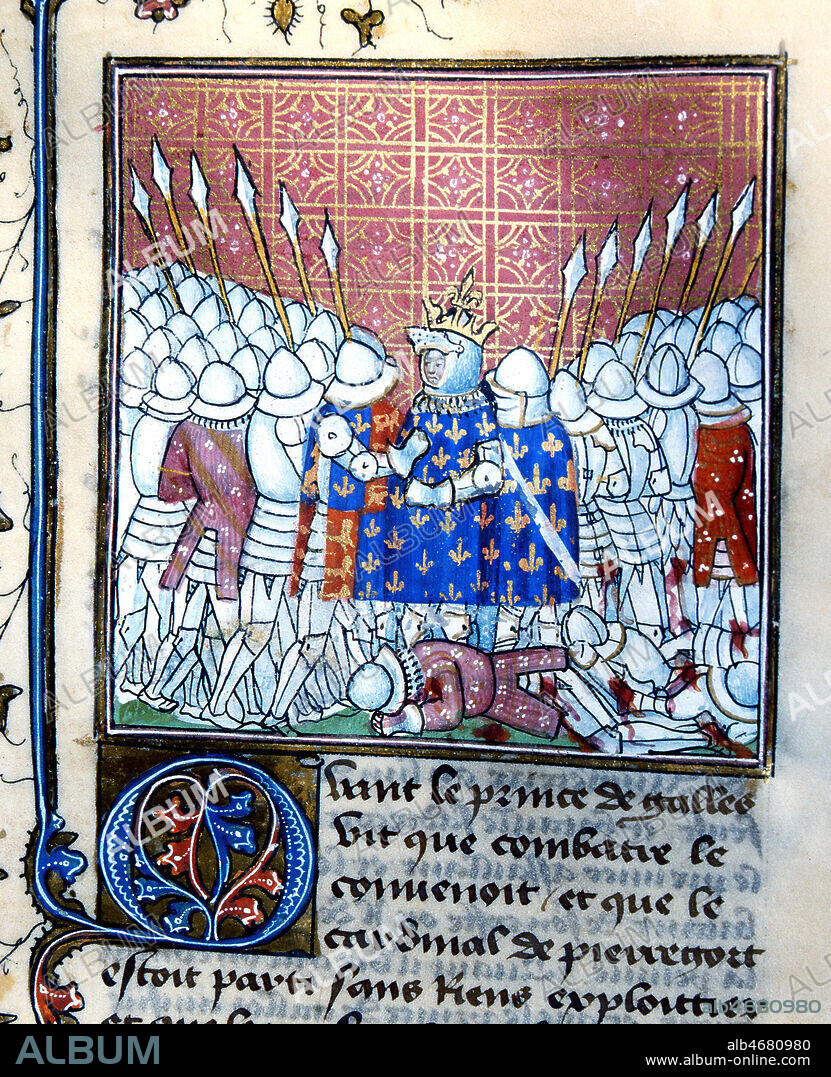 Bataille de Poitiers (1356) : capture de JEAN LE BON (1319-13664) par les anglais (14e, 14eme, XIVe s.). Enluminure tiree des Chroniques de Froissart (1333-1404), debut 15eme s. (XVe, 15e s.). Manuscrit medieval conserve a la bibliotheque municipale de Besancon. Ms 864 f°172. Credit : Collection JEAN VIGNE / KHARBINE-TAPABOR.