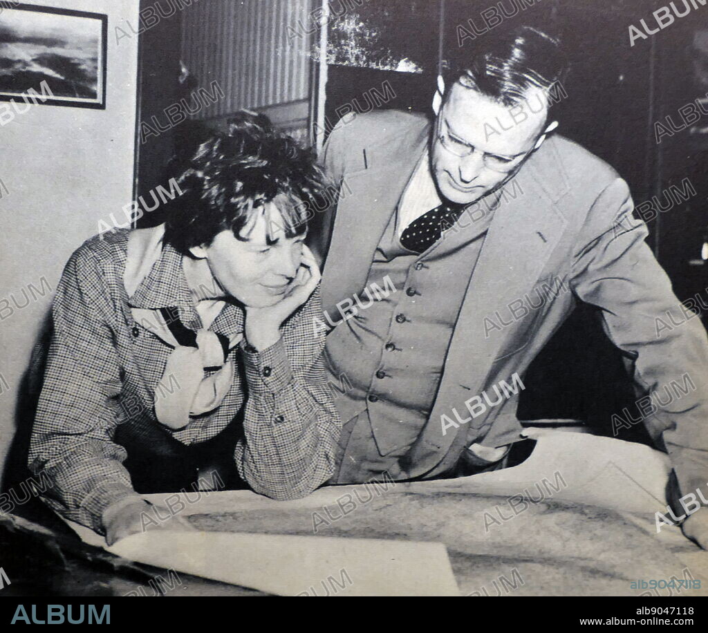 Amelia Mary Earhart with her husband George Palmer Putnam. Amelia Mary Earhart (born July 24, 1897 - disappeared July 2, 1937, declared dead January 5, 1939) was an American aviation pioneer and author. Earhart was the first female aviator to fly solo across the Atlantic Ocean. George Palmer Putnam (September 7, 1887 - January 4, 1950) was an American publisher, author and explorer and one of the most successful promoters in the United States during the 1930s.
