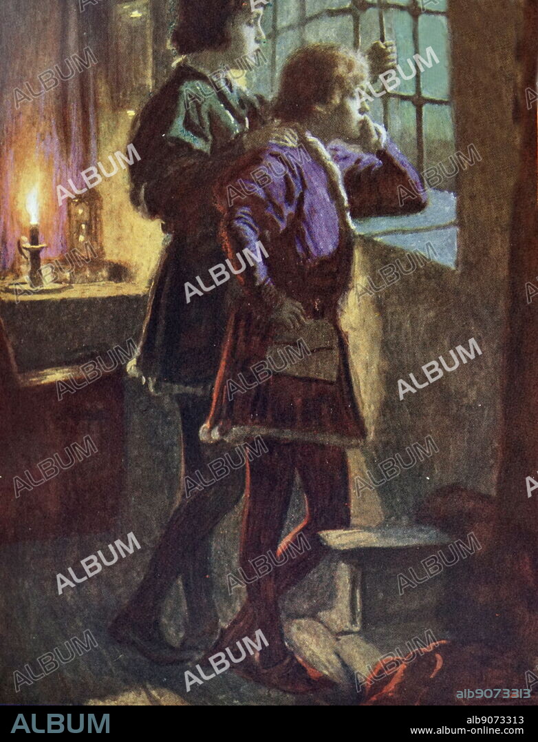 Illustration showing the princes in the Tower, Edward V, King of England and Richard of Shrewsbury, Duke of York. The two brothers were the only sons of Edward IV, King of England and Elizabeth Woodville surviving at the time of their father's death in 1483. When they were 12 and 9 years old, respectively, they were lodged in the Tower of London by the man appointed to look after them, their uncle, the Lord Protector: Richard, Duke of Gloucester.