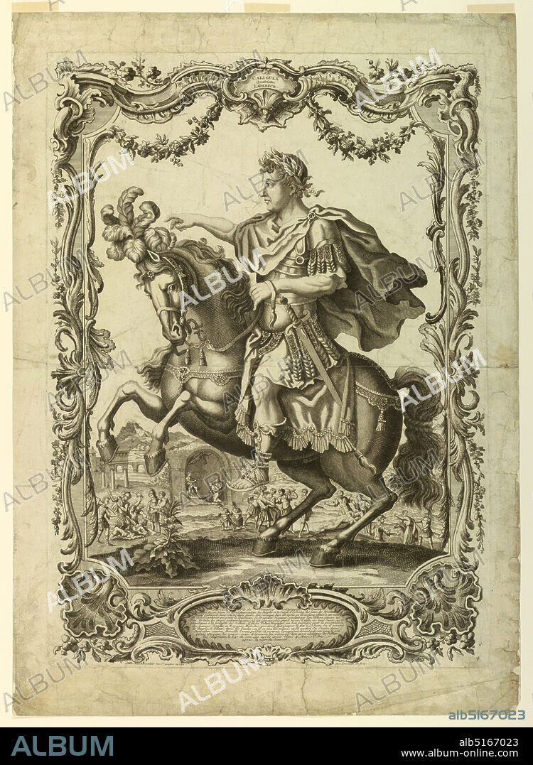 The Roman Emperor Caligula (37-41), Étienne Charpentier, French, 1707 after 1792, Engraving with etching on paper, Shown in profile, galloping toward left. In the middle ground are represented on a small scale two sisters of Caligula brutalized by soldiers, a third killed by them; two officers kneeling in adoration; a statue of the emperor diguised as Jupiter adored by a couple; Caligula killed by soldiers. Rich moulded frame., France, 1750-1760, Print, Print.