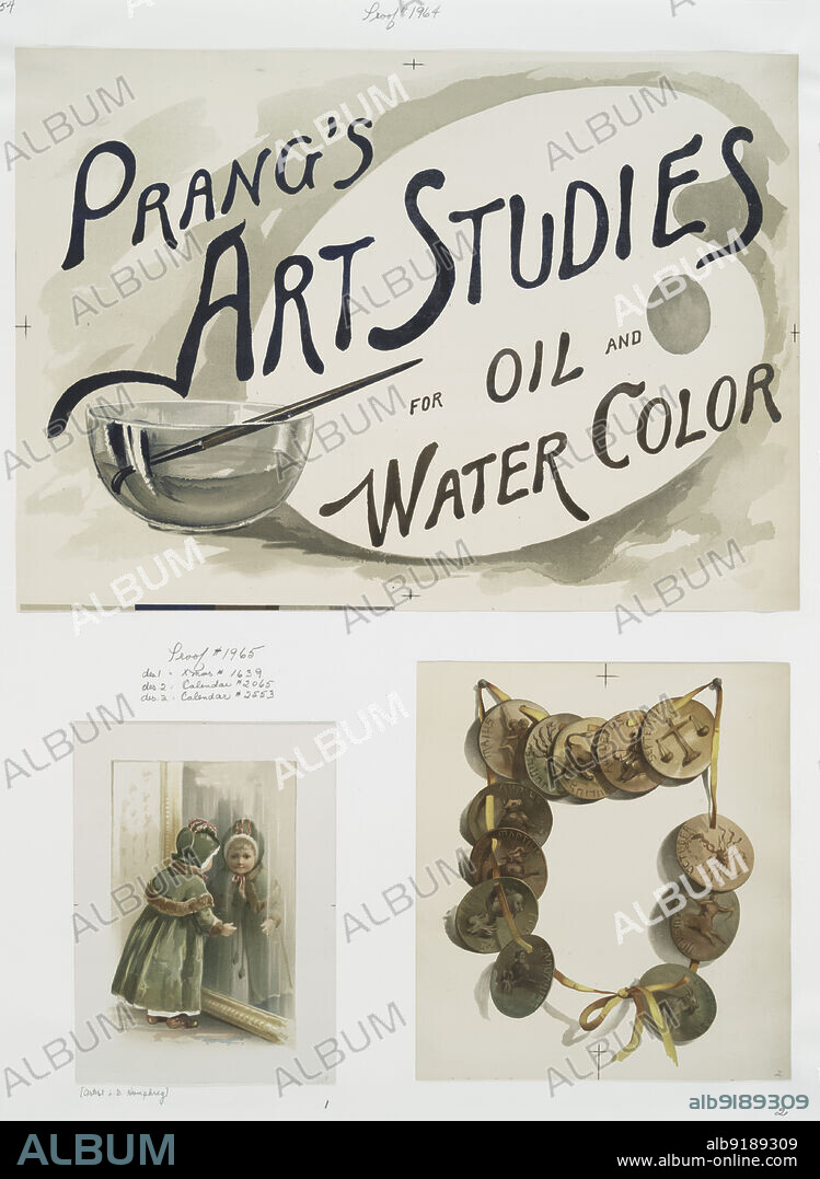 LOUIS PRANG. Calendar, Christmas card and poster with the words 'Prang's art studies for oil and water color'; depicting a girl looking in a mirror, a string of twelve medallions each representing a month, a palette, paintbrush and bowl of water, c1865 - 1899. [Publisher: L. Prang & Co.; Place: Boston].