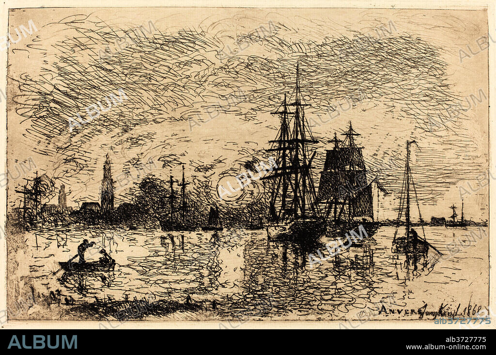 JOHAN BARTHOLD JONGKIND. Soleil couchant, port d'Anvers (Sunset, Port of Antwerp). Dated: 1868. Dimensions: plate: 15.8 x 23.9 cm (6 1/4 x 9 7/16 in.)  sheet: 28 x 40.9 cm (11 x 16 1/8 in.). Medium: etching on wove paper.