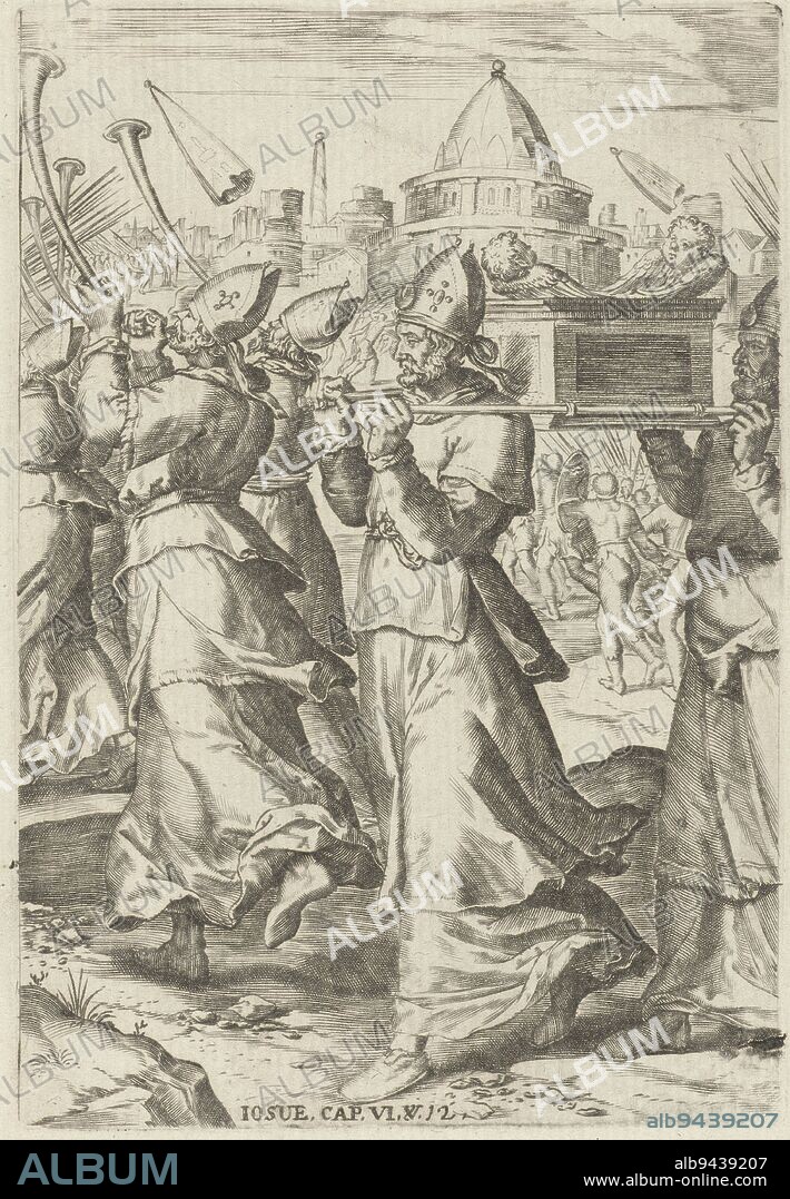 Book illustration accompanying the story of the Fall of Jericho (Joshua 6:15-20). The Ark of the Covenant is carried by the Israelite army seven times around the city of Jericho, accompanied by seven high priests, each blowing a ram's horn. At the seventh circumambulation, the walls and towers of the city break down and the Israelite army attacks. The print includes a caption with a reference to the accompanying Bible passage, Fall of Jericho Scenes from the Bible Biblia sacra , print maker: Pieter Jalhea Furnius, (rejected attribution), print maker: Abraham de Bruyn, (rejected attribution), Gerard van Groeningen, Antwerp, 1583, paper, engraving, h 168 mm × w 114 mm.