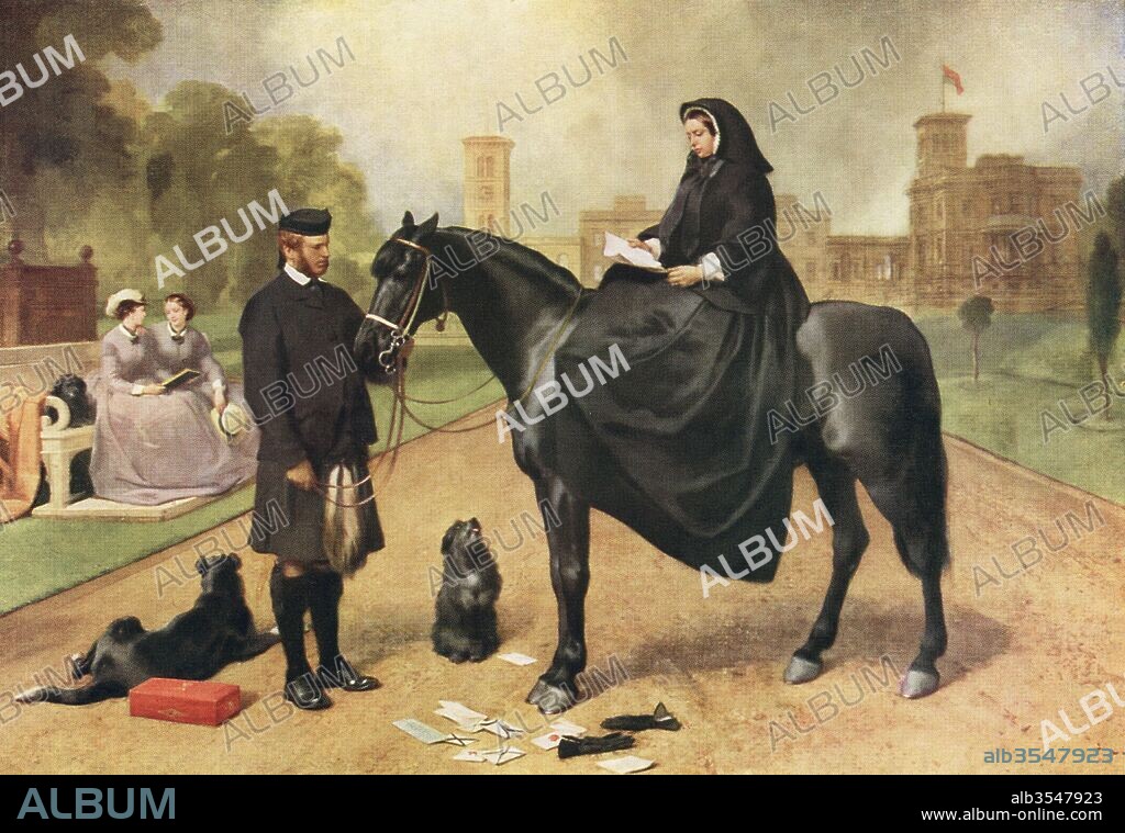 Queen Victoria at Osborne House, Isle of Wight, England, 1865. Victoria, 1819 – 1901, Queen of the United Kingdom of Great Britain and Ireland. She is seated on her pony Flora which is held by her ghillie John Brown. After the painting by Sir Edwin Landseer.