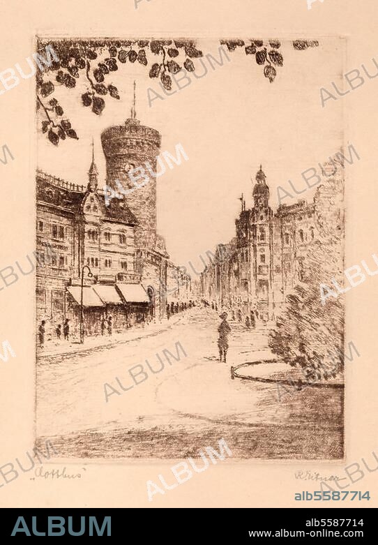 Cottbus (Brandenburg), Kaiser-Wilhelm-Platz. "Cottbus". (Platzansicht mit Spremberger Turm). Radierung, undat., um 1920 (?), von R.Eitner. Pl. 21,1 × 15 cm. Berlin, Sammlung Archiv für Kunst und Geschichte.