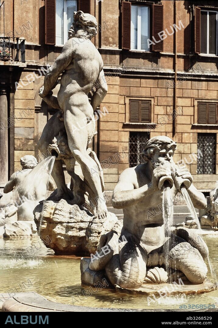 GIAN LORENZO BERNINI. Detalle de la Fuente del Moro III. Plaza Navona, Roma.