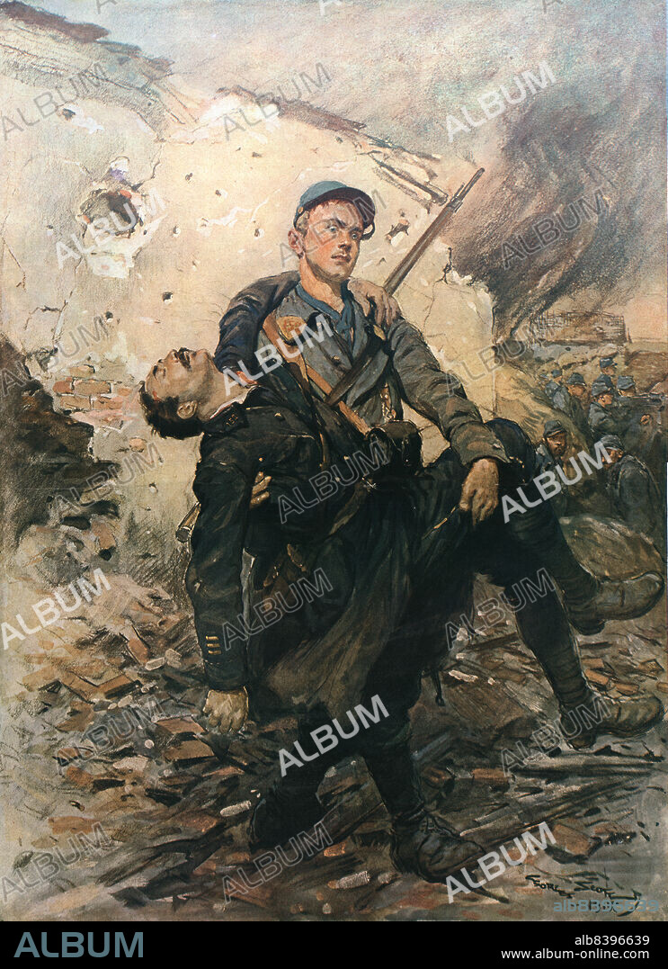 GEORGES BERTIN SCOTT. 'Deux Heros; Tableau de Georges Scott', 1915. From "Collection de la Guerre IV. L'Illustration Tome CXLVII. La Guerre Janvier, Fevrier, Mars, Avril, Mai, Juin 1916".
