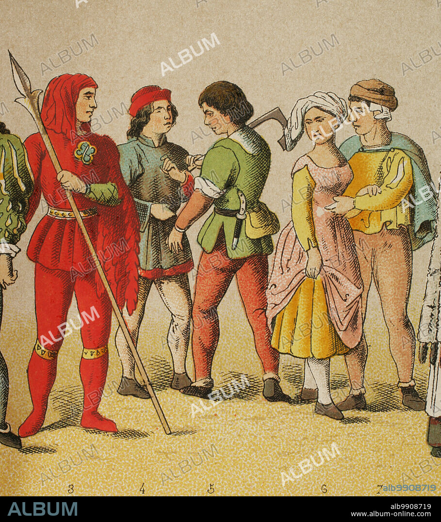 Historia de Alemania. Edad Media. 1450-1500. De izquierda a derecha, 3: alguacil, 4: ciudadano, 5: carpintero, 6-7: labradores. Cromolitografía. "Historia Universal", por César Cantú. Tomo VIII, 1881.
