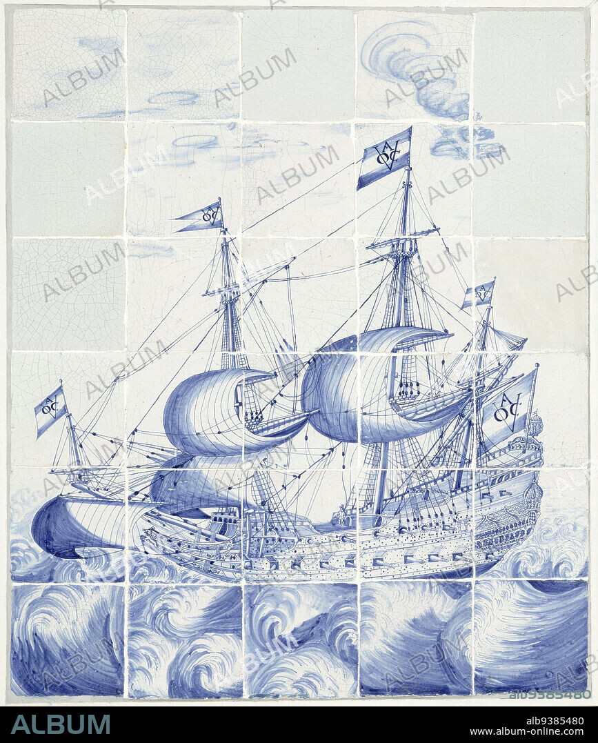 Tile tableau with ship, with on the flags VOC A, Tile tableau of 30 tiles (6 x 5) with a blue painted ship with on the flags the sign of the Verenigde Oostindische Compagnie, chamber of Amsterdam: VOC A., anonymous, Netherlands, 1625 - 1650, earthenware, tin glaze, majolica, height 91 cm × width 65.5 cmheight 80.5 cm × width 68 cm × depth 4.5 cm.