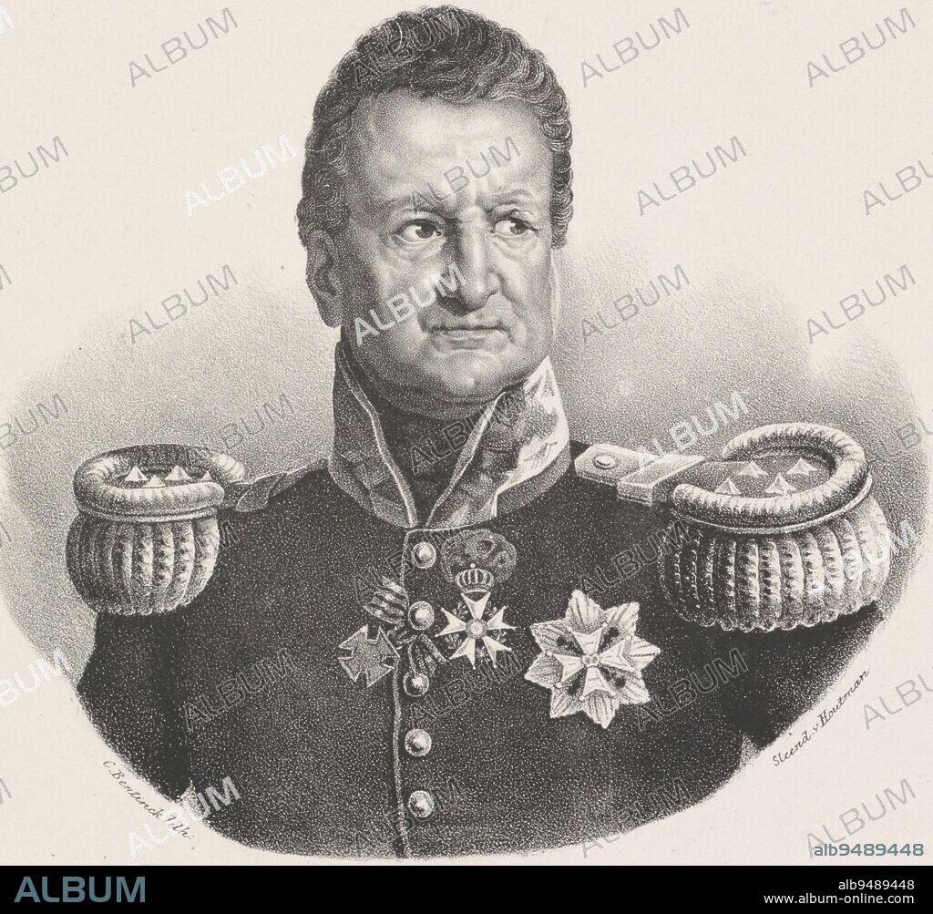 The subject wears a military uniform with decorations on the chest, epaulettes and a stand-up collar. Beneath the portrait his name and occupation, Portrait of General David Hendrik Chassé, print maker: Carel Frederik Curtenius Bentinck, (mentioned on object), printer: Johannes Paulus Houtman, (mentioned on object), print maker: Netherlands, printer: Utrecht, 1824 - 1849, paper, h 345 mm × w 252 mm.