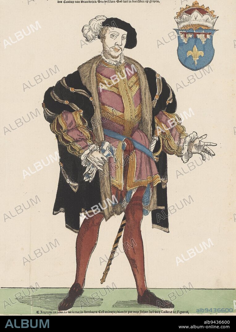 Portrait of Charles of Orleans, Cornelis Anthonisz. (manner of), 1538 - before 1545, Charles of Orleans (1522-1545), third and youngest son of Francis I, received the title 'Duke of Orleans' in 1536. He married Mary, the eldest daughter of Charles V, in 1539. They were to take over the administration of the Netherlands from the governess Mary of Hungary. Depicted standing, full-length, half turned to the right. Top right, the coat of arms with the duke's crown, broken by the barensteel., print maker: Cornelis Anthonisz., (manner of), print maker: Hans Liefrinck (I), publisher: Hans Liefrinck (I), (mentioned on object), Antwerp, 1538 - before 1545, paper, h 405 mm × w 297 mm.