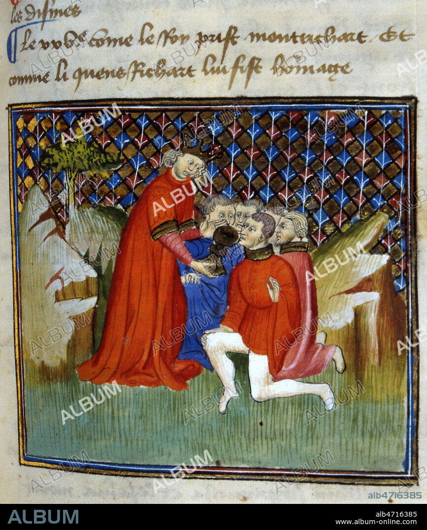 Richard Coeur de Lion (1157-1199) rend hommage a PHILIPPE AUGUSTE (1165-1223) apres la prise de Montrichard en 1188. Enluminure tiree des Chroniques de Saint-Denis, debut 15eme s. (XVe, 15e s.). Manuscrit medieval conserve a la bibliotheque municipale de Besancon. Credit : Colleciton JEAN VIGNE / KHARBINE-TAPABOR.
