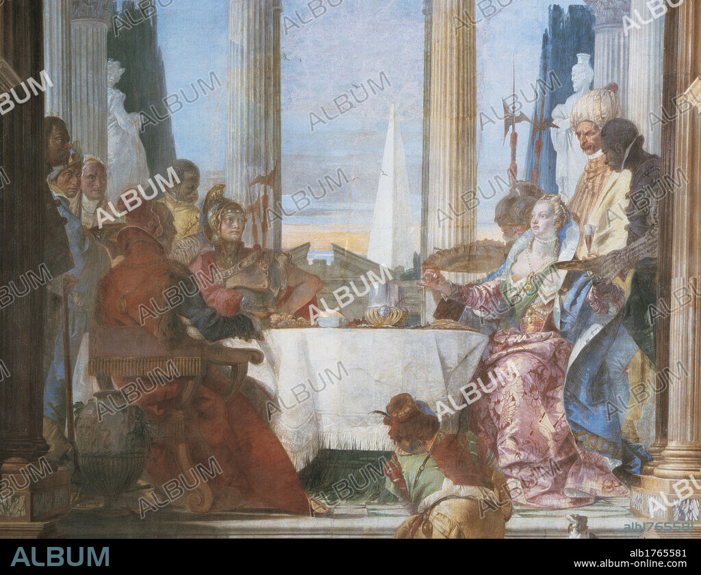 The Banquet of Cleopatra, by Giambattista Tiepolo, 1746-1750 about, 18th Century, fresco,. Italy, Veneto, Venice, Palazzo Labia, dancehall. Detail. Banquet Anthony Cleopatra, columns, table, dwarf, black servant, halberd, woman, naked breast, tissue, grape, chair.
