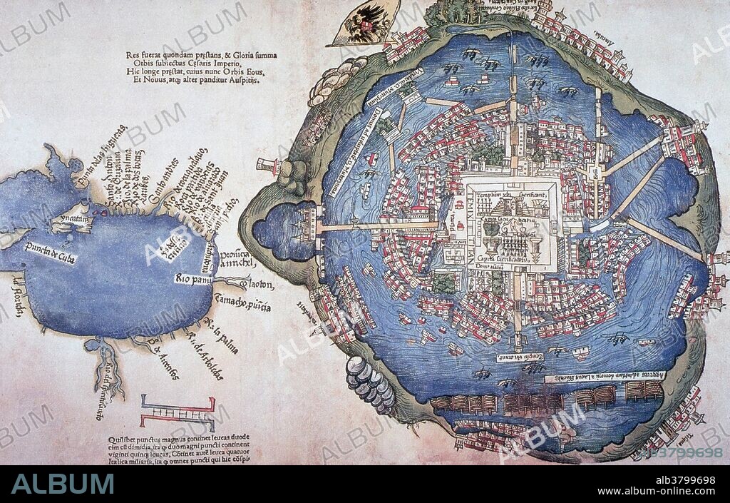Map of Tenochtitlan, printed 1524 in Nuremberg, Germany by Friedrich Peypus, probably after drawing made by one of Cortez' men. Mexico-Tenochtitlan, commonly known as Tenochtitlan, was an Aztec altepetl (city-state) located on an island in Lake Texcoco, in the Valley of Mexico. Founded in 1325, a thriving culture developed, and the Mexica civilization came to dominate other tribes around Mexico. The small natural island was perpetually enlarged as Tenochtitlan grew to become the largest and most powerful city in Mesoamerica. The city was connected to the mainland by causeways leading to the north, south, and west. The causeways were interrupted by bridges that allowed canoes and other traffic to pass freely. The bridges could be pulled away, if necessary, to defend the city. The city was interlaced with a series of canals, so that all sections of the city could be visited either on foot or via canoe. It was captured by the Spanish in 1521. Today the ruins of Tenochtitlan are located in Mexico City's downtown.
