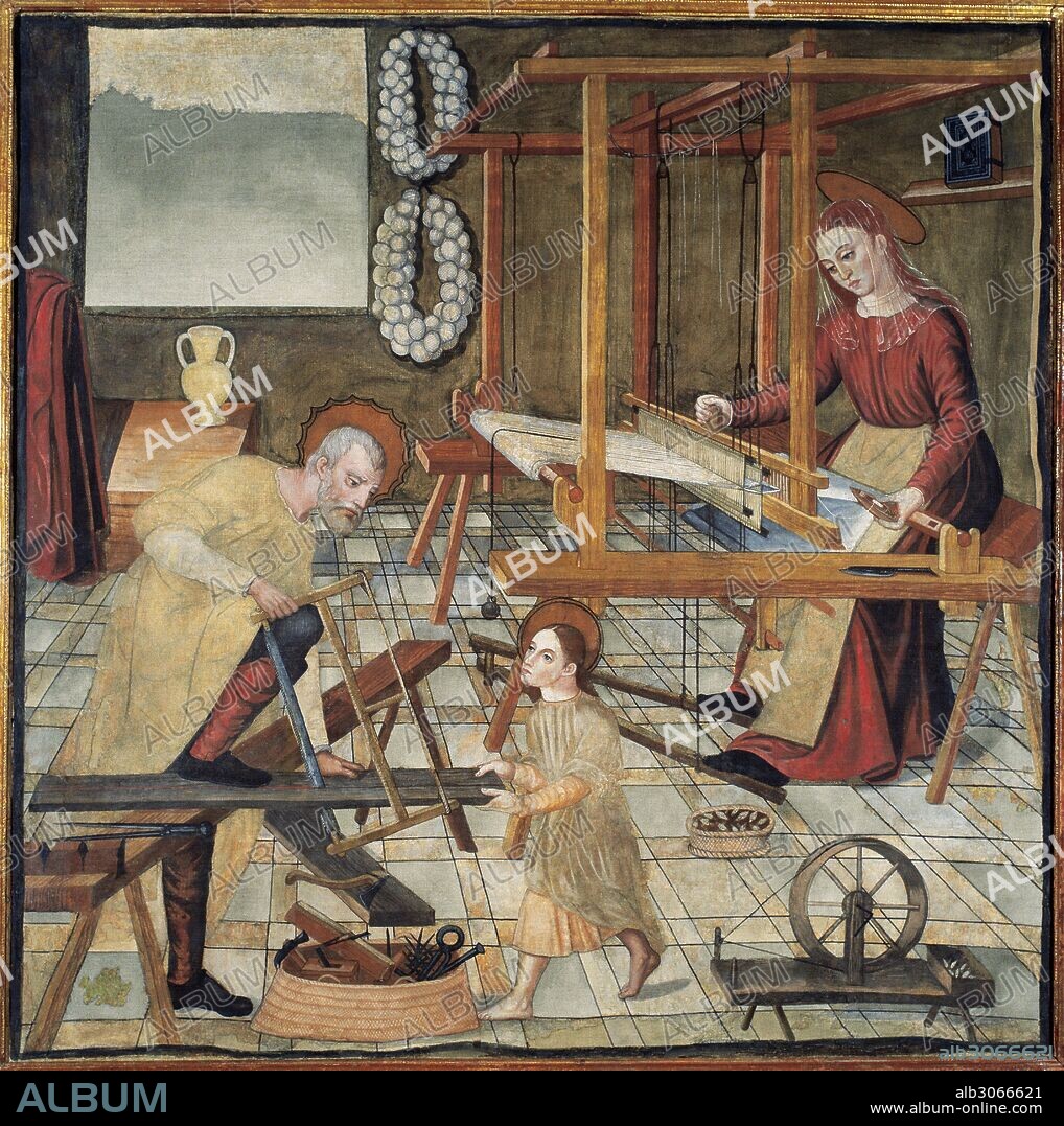 INFANCIA DE JESUS. "EL TALLER DE NAZARET". Pintura realizada sobre tela, obra de Mateu LOPEZ, hijo, hacia el 1580-1582. Retablo. Tamaño: 124 x 123,5 cm. (con marco). Monasterio de Sant Bartomeu. Inca. Mallorca. Islas Baleares. España.