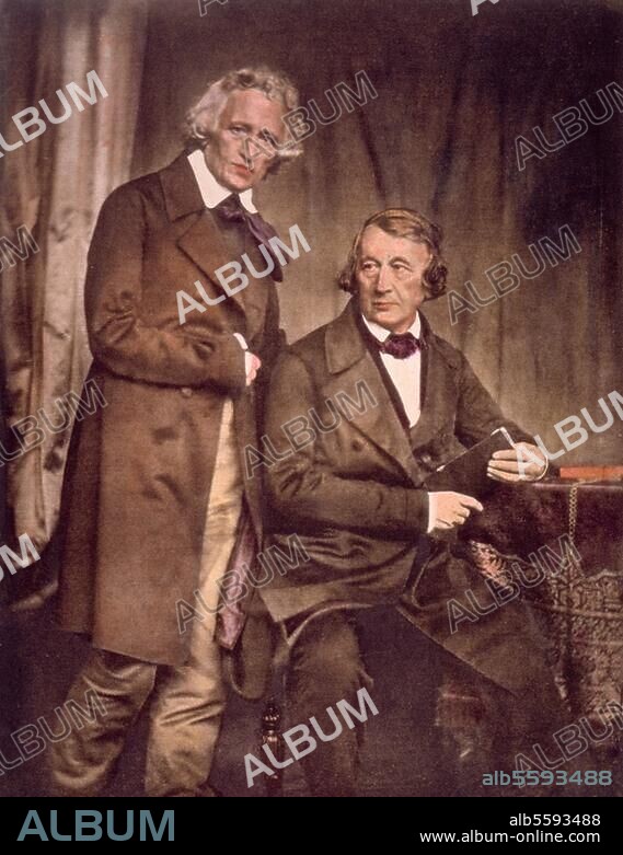 Brothers Grimm:. Grimm, Wilhelm, 1786 - 1859, German author and anthropologist. Grimm, Jacob, 1785 - 1863, German philologist, jurist and mythologist. Jacob (standing) and Wilhelm Grimm. Daguerreotype, c.1850 (Hermann Biow).