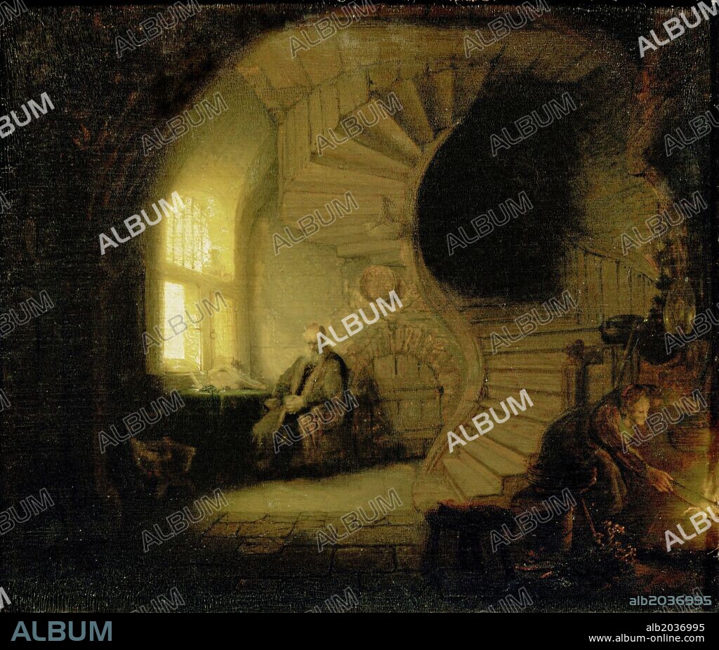 Rembrandt Harmenszoon van Rijn / 'El filósofo en meditación', 1633, Óleo sobre lienzo, 28 x 34 cm.