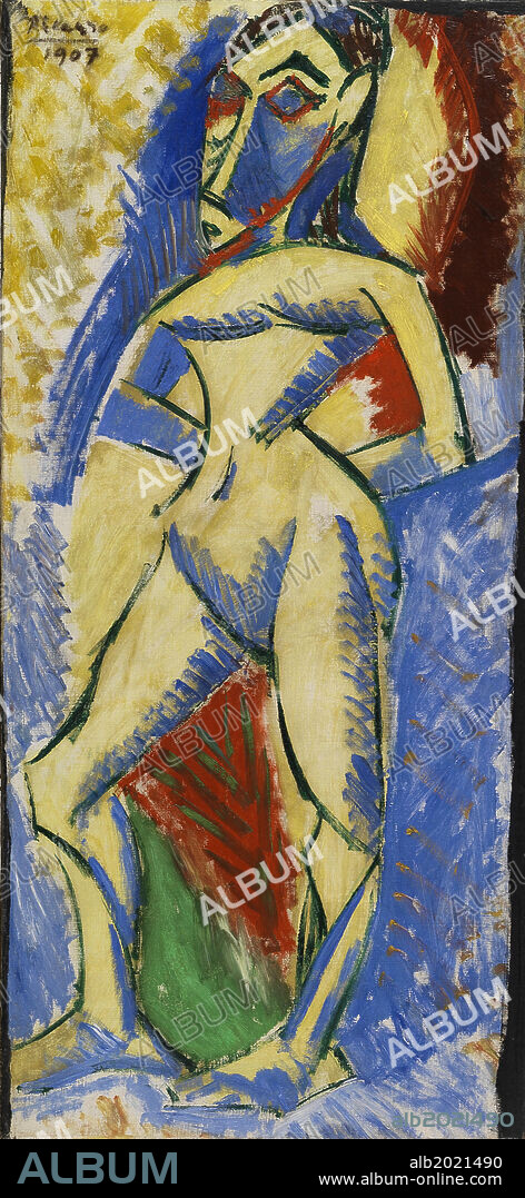 Nude Woman (Femme nue), by Pablo Picasso, 1907, 20th Century, oil on canvas, 93? 43 cm. Italy, Lombardy, Milan, Museo del Novecento. Whole artwork view. One of two hundred studies for the 'Demoiselles d'Avignon'.
