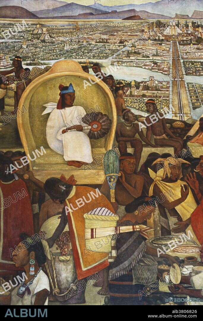 Great city of Tenochtitlan by Diego Rivera, detailing the Aztec Regent, Huey Tlatoani.