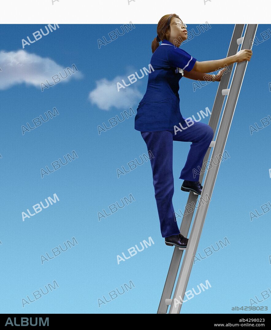 Nurse looking up climbing ladder in sky.