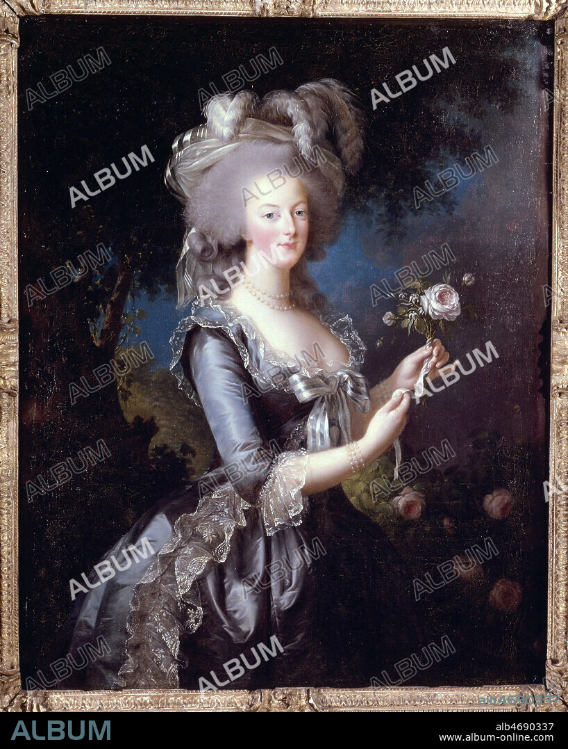 Portrait de Marie-Antoinette à la Rose (1783) par Elisabeth Louise Vigée-Lebrun (1755-1842) conservee au Château de Versailles - Le Petit Trianon, Antichambre - Credit photo Bernard DUPONT/KHARBINE TAPABOR -.