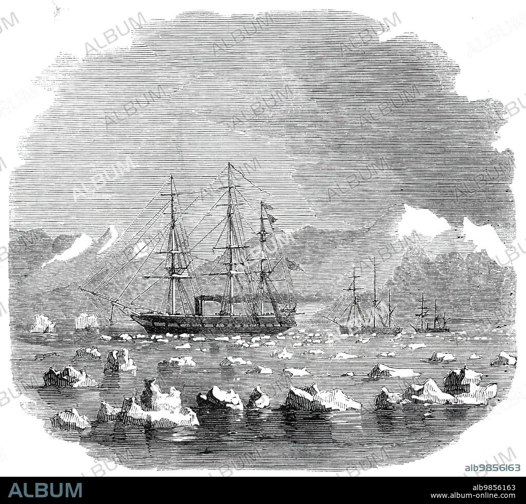 H.M.S. "Termagant" convoying the gun-boats "Grappler" and "Forward" through the Straits of Magellan: steaming through the ice in Wide Channel - from a sketch by C. Royle, R.N., 1860. 'The voyage down to the eastern entrance of the Straits of Magellan (under canvas) was necessarily slow and tedious...On reaching the Straits, however, steam was got up by the Termagant [25-gun screw-frigate], and the small vessels were towed by her through the entire length of the Straits of Magellan, Smyth, Sarmiento, Wide, and Messier Channels, out into the Pacific Ocean. In consequence of the intricate navigation in the above channels, it became necessary to anchor every night...to cut firewood for the steamers, whose stock of fuel was nearly exhausted by so much steaming...the view, as the three vessels steamed through the various channels, most striking; the snow-covered Andes, upwards of 5000 feet in height on the northern shore, and the barren-looking coast of Tierra del Fuego, likewise glittering with snow on the other side; the water covered with myriads of wild-fowl and studded with numerous islands, overgrown with the most luxuriant vegetation...On the arrival of the vessels at Wide Channel a large field of drift ice and two icebergs were passed'. From "Illustrated London News", 1860.