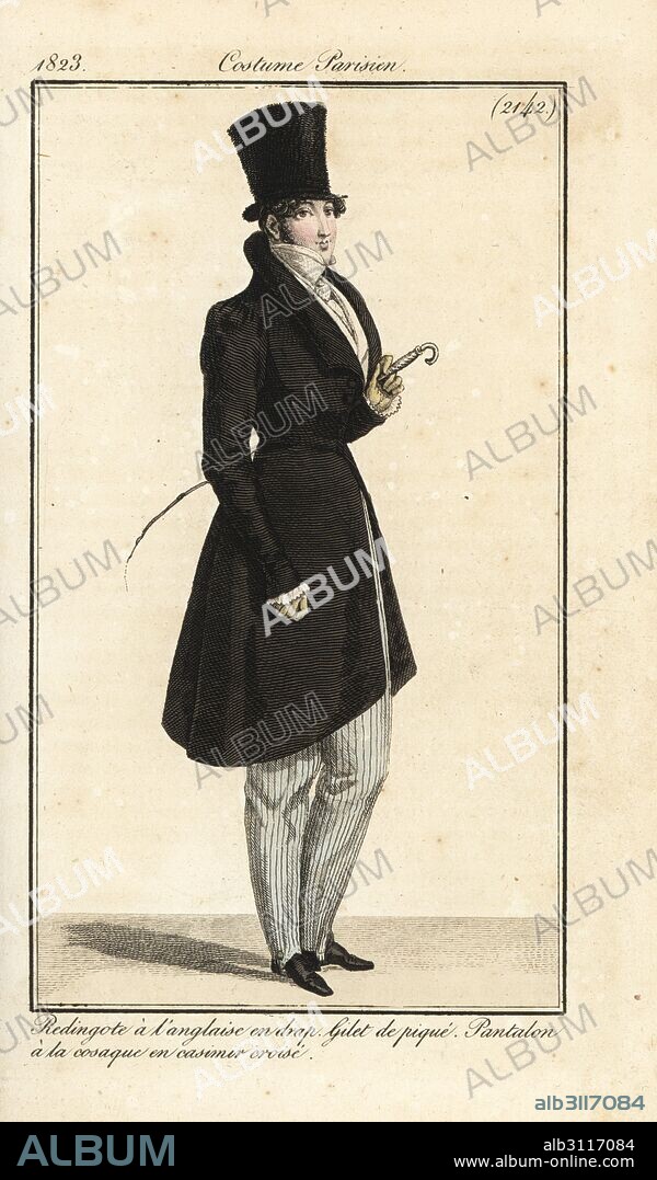 Man wearing the fashion of 1823: Top hat, English ridingcoat in wool, backstitched gilet (waistcoat) and Cossack trousers in striped cashmere. Handcoloured copperplate engraving from Journal of Ladies and Fashion, Journal des Dames et des Modes, Paris, 1823.