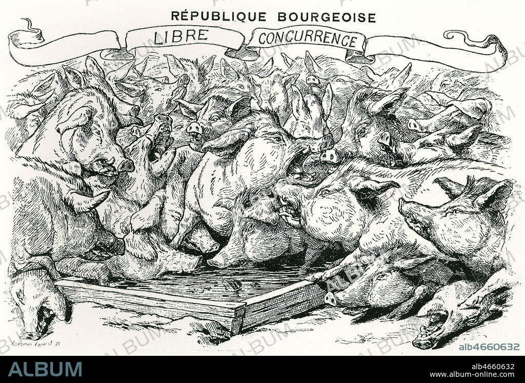 Republique bourgeoise. Libre concurrence. Illustration de Walter CRANE (1845-1915) pour Lecon de chose parue dans le Figaro-Graphic de 1892. Serie de 4 caricatures. Credit : Collection KHARBINE-TAPABOR.