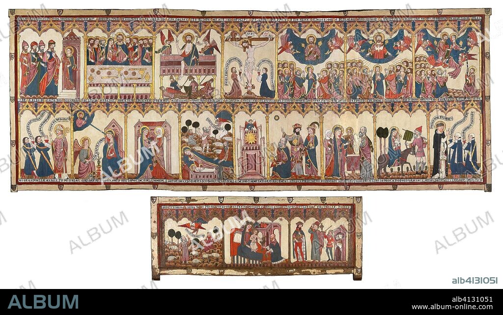 Retable and Frontal of the Life of Christ and the Virgin Made for Pedro López de Ayala. Spanish. Date: 1396. Dimensions: Retable Image: 232.1 × 649 cm (91 3/8 × 255 1/2 in.); Frontal Image: 86 × 266.9 cm (33 7/8 × 105 1/16 in.). Tempera and gold on panel. Origin: Spain.