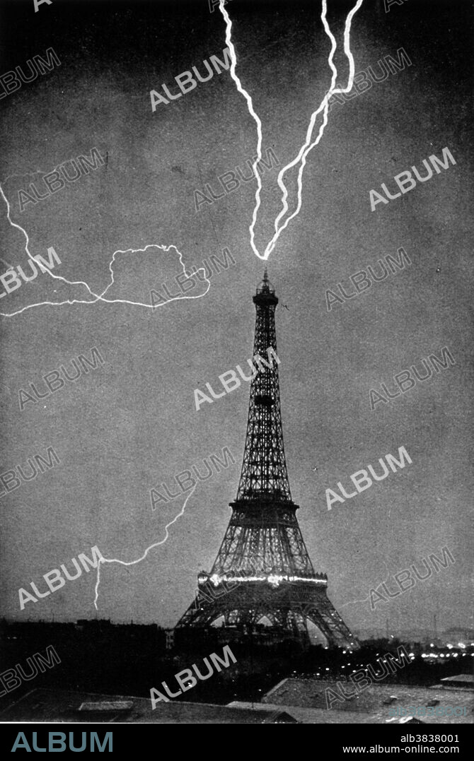 Lightning striking the Eiffel Tower, June 3, 1902, at 9:20 P.M. This is one of the earliest photographs of lightning in an urban setting In:"Thunder and Lightning", Camille Flammarion, translated by Walter Mostyn. Published in 1906. Lightning is a flash of light in the sky caused by an electrical discharge between clouds or between a cloud and the Earth's surface. The flash heats the air and usually causes thunder. Lightning may appear as a jagged streak, as a bright sheet, or in rare cases, as a glowing red ball.